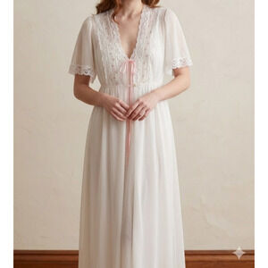 VTG Dreamaway Peignoir Set Medium White Nylon Lace Embroidered Roses Robe Gown